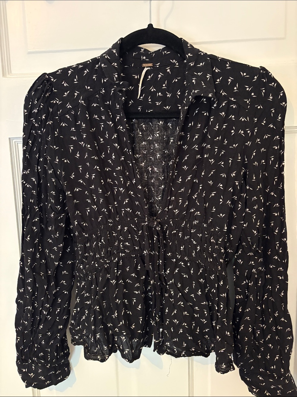 Free People Black Blouse with White Floral Motif